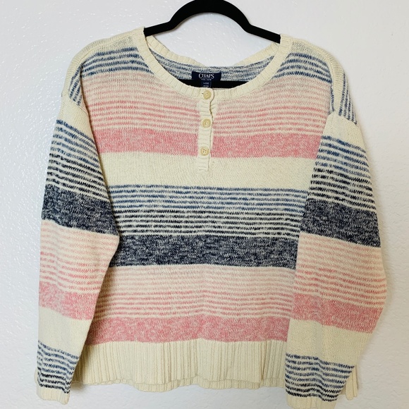 Chaps Knit Sweater Large Stripes Preppy Linen Cotton Blend Jumper - Picture 1 of 13